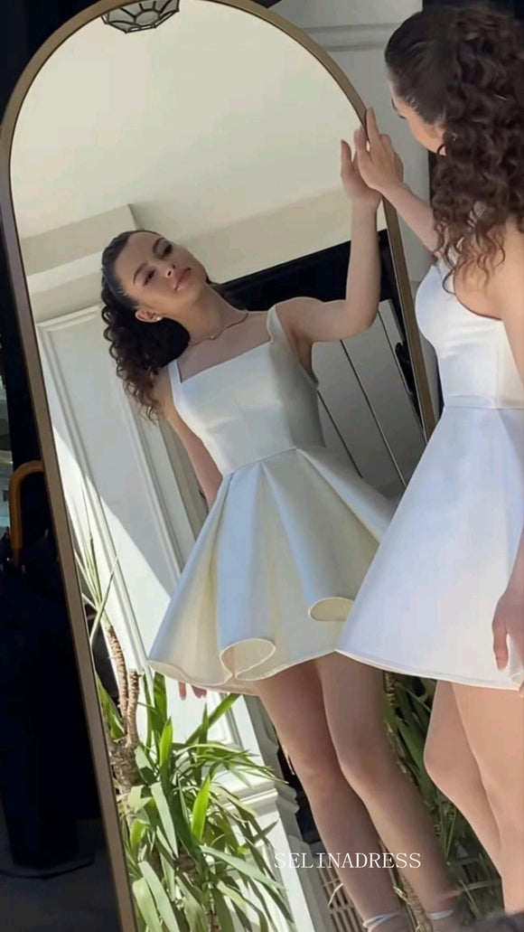White Simple Satin Homecoming Dresses Hoco Dress #EWR554|Selinadress