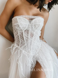 White Strapless Tulle Wedding Dress With Feather Removable Long Sleeve Bridal Gowns TKL3037|Selinadress