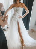 White Strapless Tulle Wedding Dress With Feather Removable Long Sleeve Bridal Gowns TKL3037|Selinadress