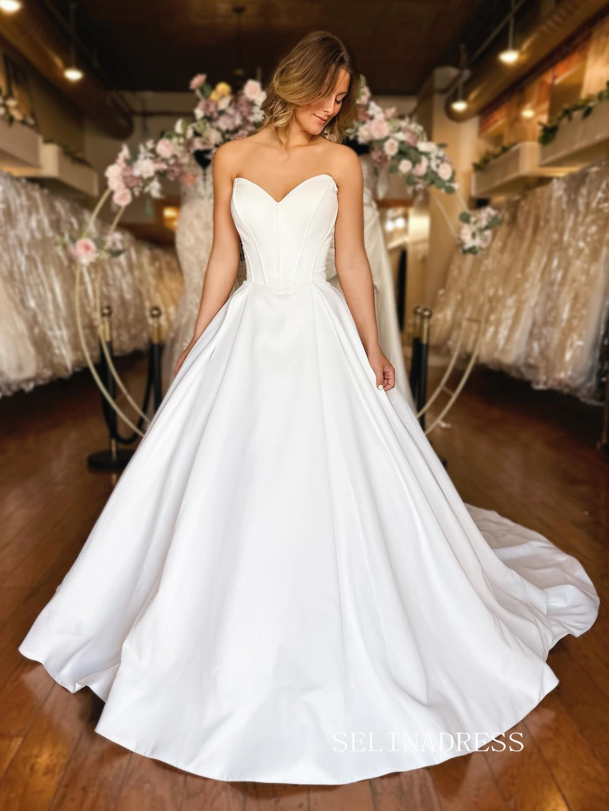 White Sweetheart Simple Cheap Satin Wedding Dress EWR390|Selinadress