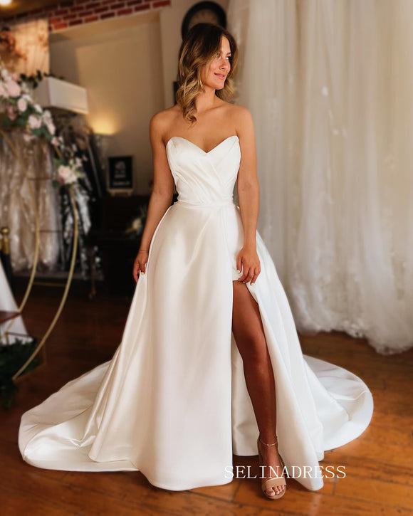 White Sweetheart Simple Cheap Satin Wedding Dress With Slit EWR393|Selinadress