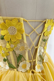 Yellow Floral Homecoming Dress A-line Straps Tulle Short Prom Dress EWR403|Selinadress