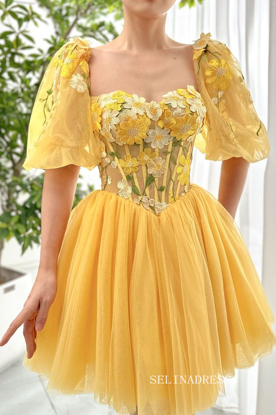 Yellow Floral Homecoming Dress With Short Sleeve Tulle Short Prom Dress EWR404|Selinadress