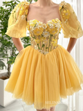 Yellow Floral Homecoming Dress With Short Sleeve Tulle Short Prom Dress EWR404|Selinadress