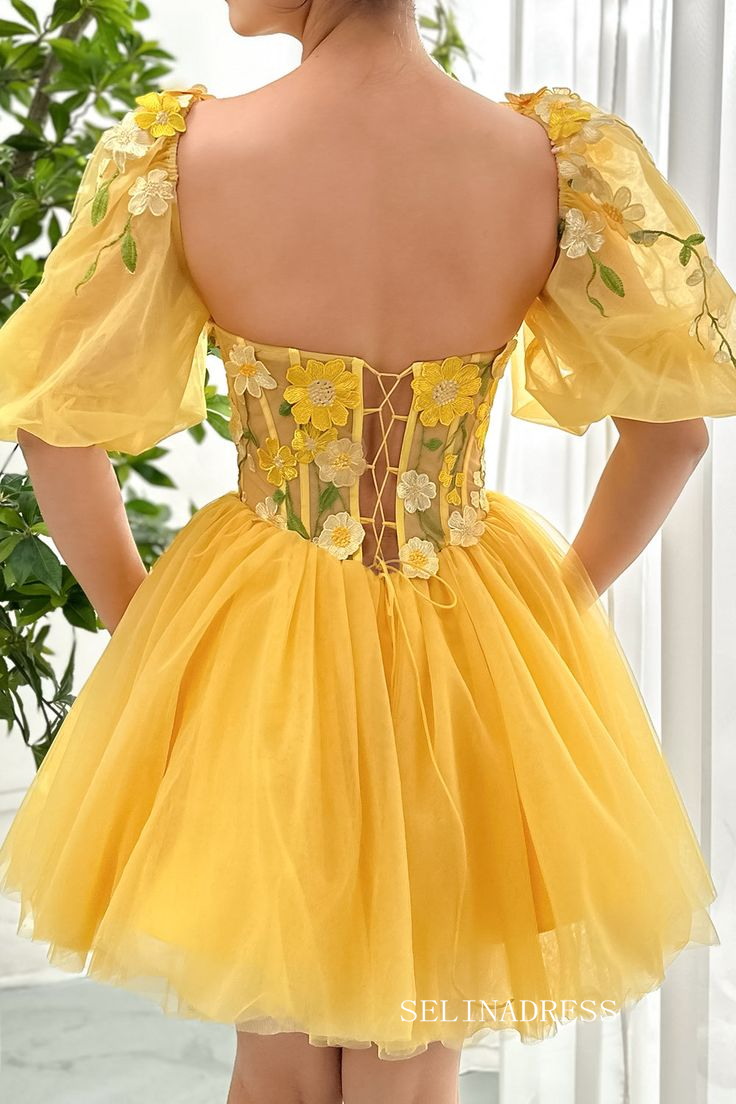 Yellow Floral Homecoming Dress With Short Sleeve Tulle Short Prom Dress EWR404|Selinadress