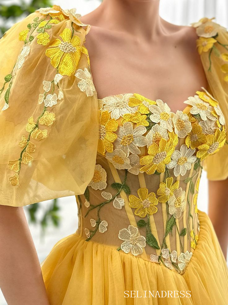 Yellow Floral Homecoming Dress With Short Sleeve Tulle Short Prom Dress EWR404|Selinadress