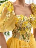 Yellow Floral Homecoming Dress With Short Sleeve Tulle Short Prom Dress EWR404|Selinadress