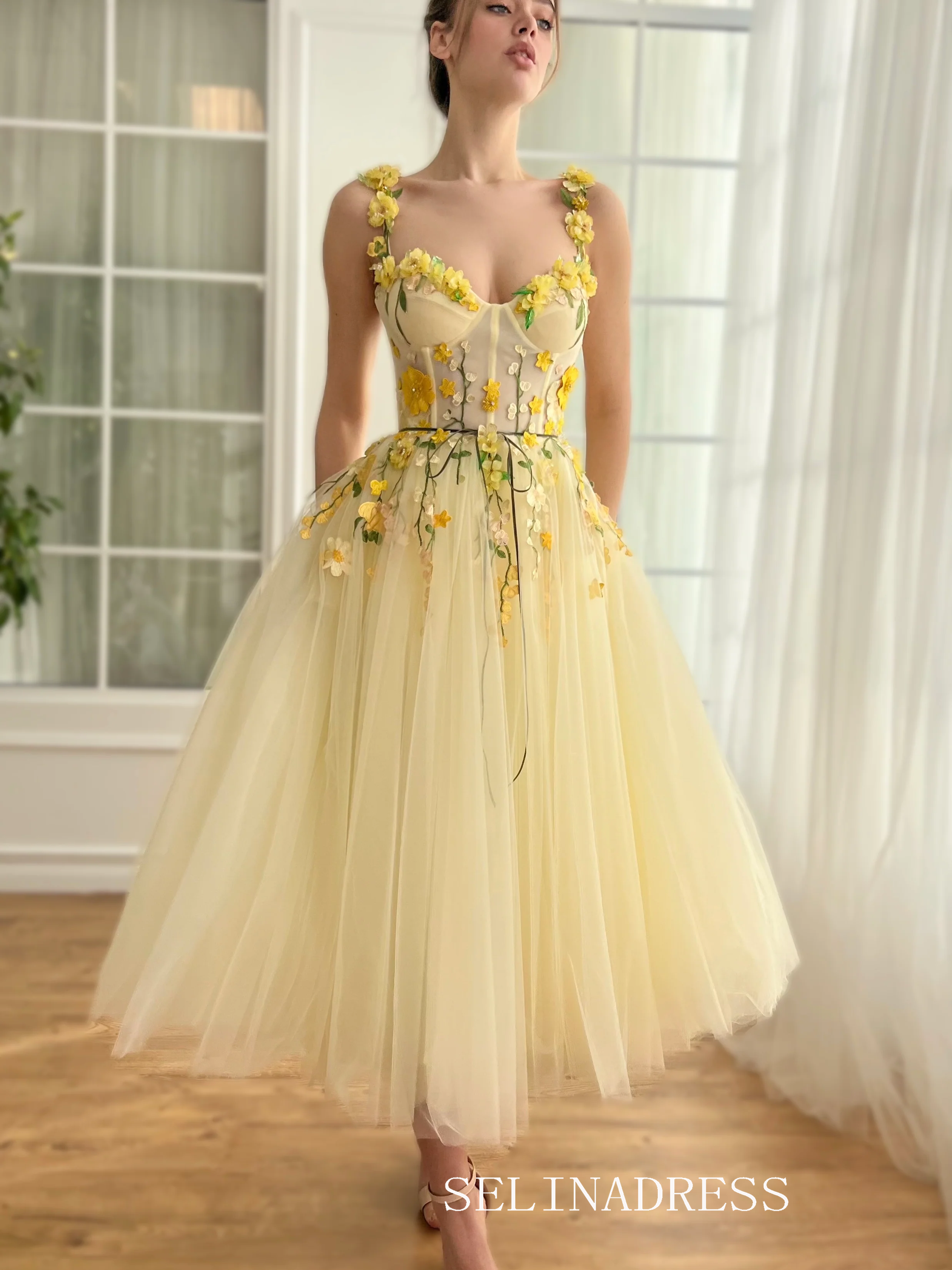 Yellow Floral Wedding Dress Tea Length Tulle Prom Dresses Princess Evening Gowns EWR308|Selinadress