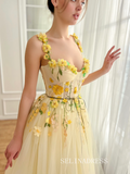 Yellow Floral Wedding Dress Tea Length Tulle Prom Dresses Princess Evening Gowns EWR308|Selinadress