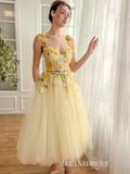 Yellow Floral Wedding Dress Tea Length Tulle Prom Dresses Princess Evening Gowns EWR308|Selinadress