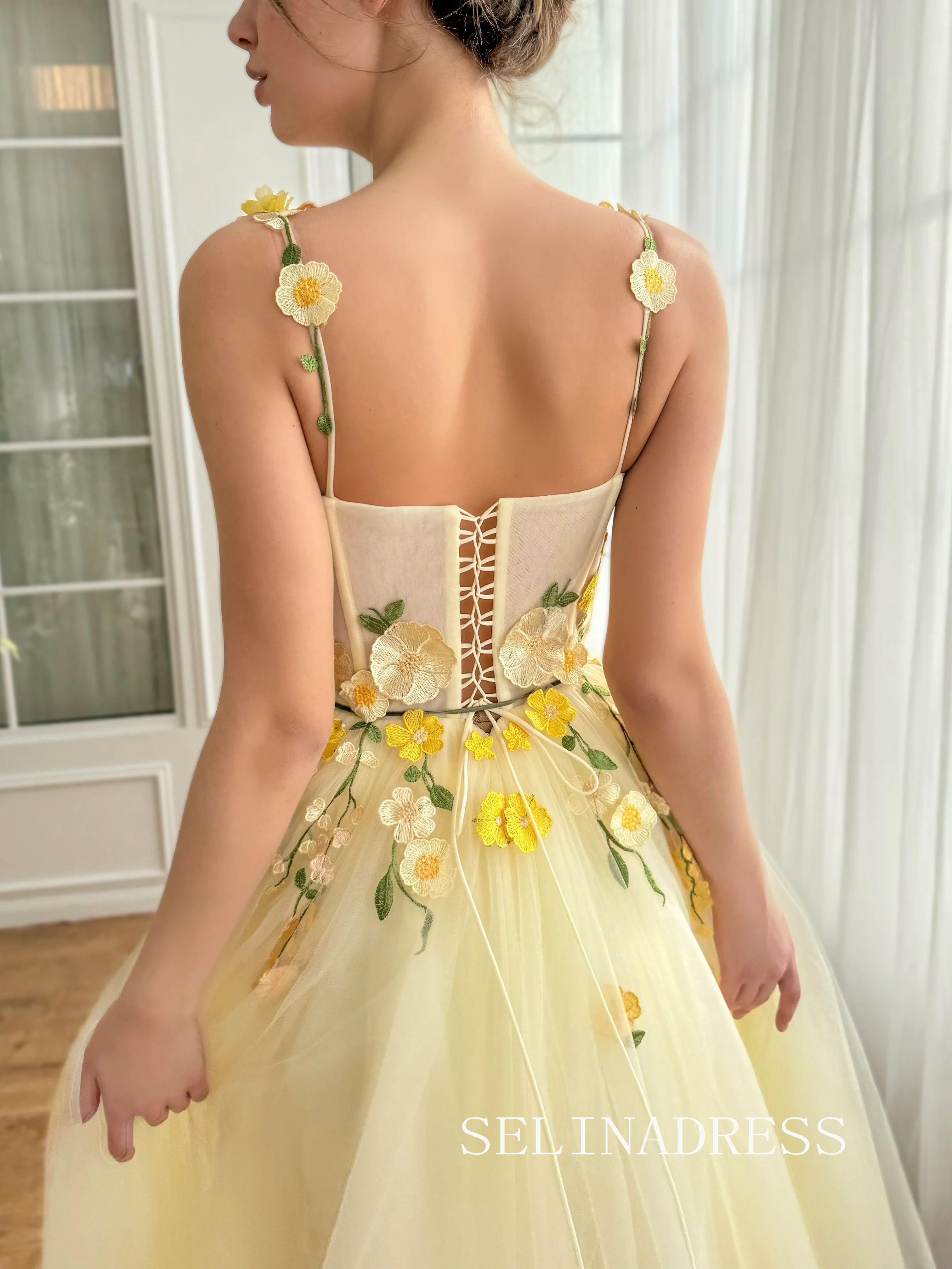 Yellow Floral Wedding Dress Tea Length Tulle Prom Dresses Princess Evening Gowns EWR308|Selinadress