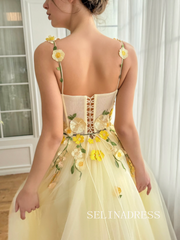 Yellow Floral Wedding Dress Tea Length Tulle Prom Dresses Princess Evening Gowns EWR308|Selinadress