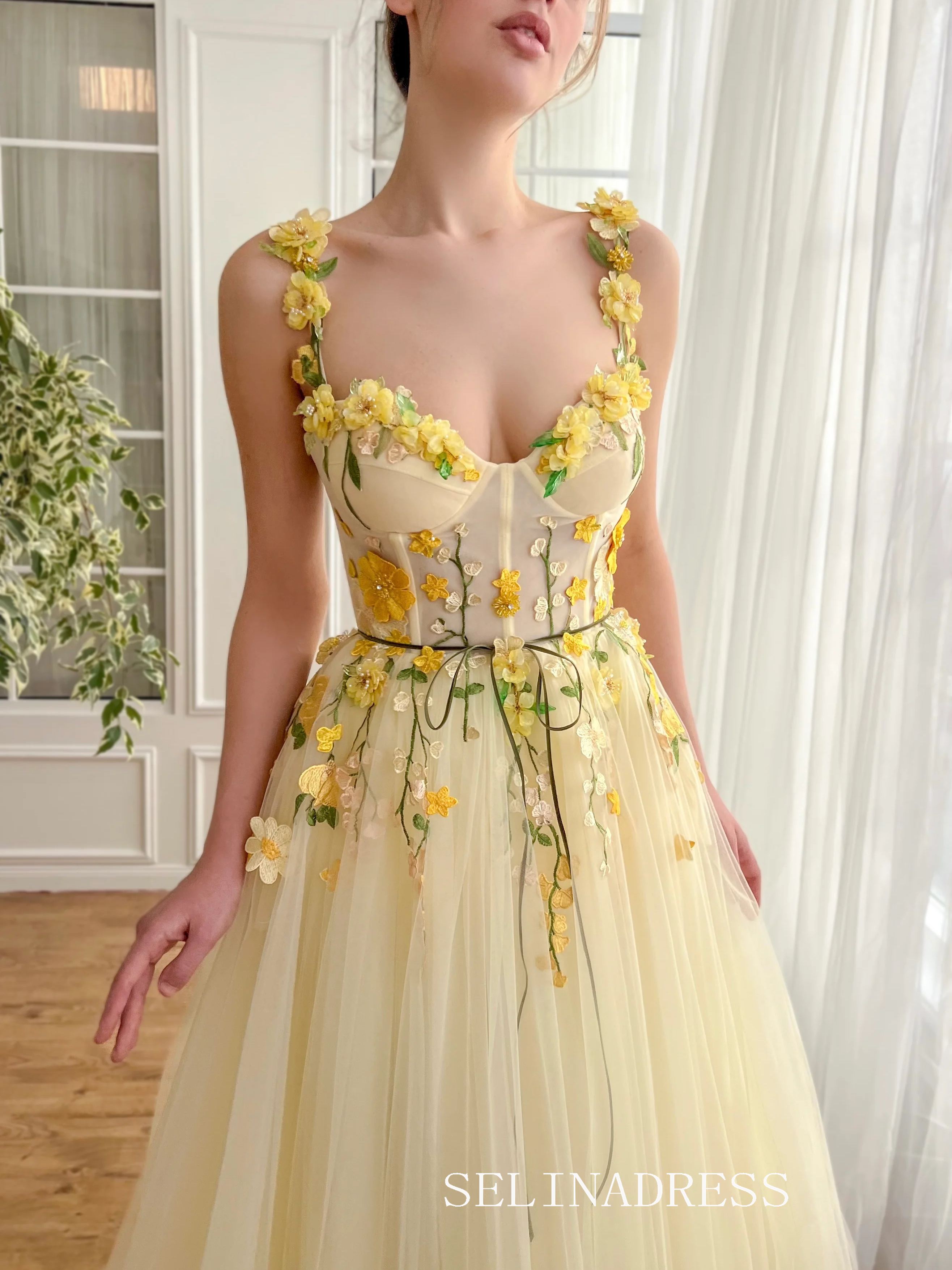 Yellow Floral Wedding Dress Tea Length Tulle Prom Dresses Princess Evening Gowns EWR308|Selinadress