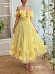 Yellow Off-the-shoulder A line Midi Prom Dress Tulle Party Dress JKL3124|Selinadress