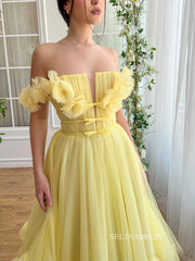 Yellow Off-the-shoulder A line Midi Prom Dress Tulle Party Dress JKL3124|Selinadress