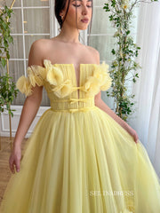 Yellow Off-the-shoulder A line Midi Prom Dress Tulle Party Dress JKL3124|Selinadress