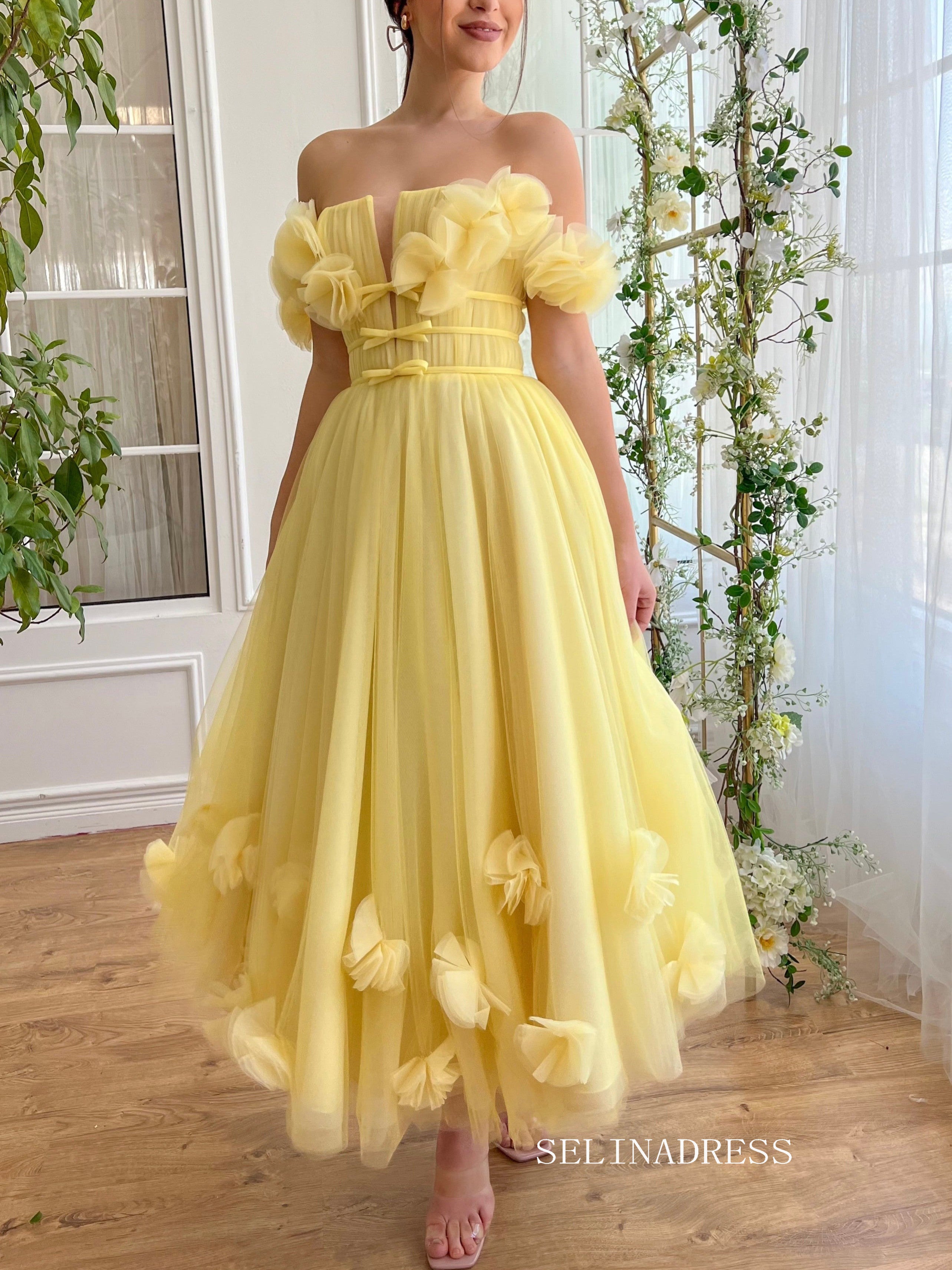 Yellow Off-the-shoulder A line Midi Prom Dress Tulle Party Dress JKL3124|Selinadress