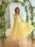 Yellow Short Wedding Dress Tea Length Tulle Prom Dresses Princess Evening Gowns EWR310|Selinadress