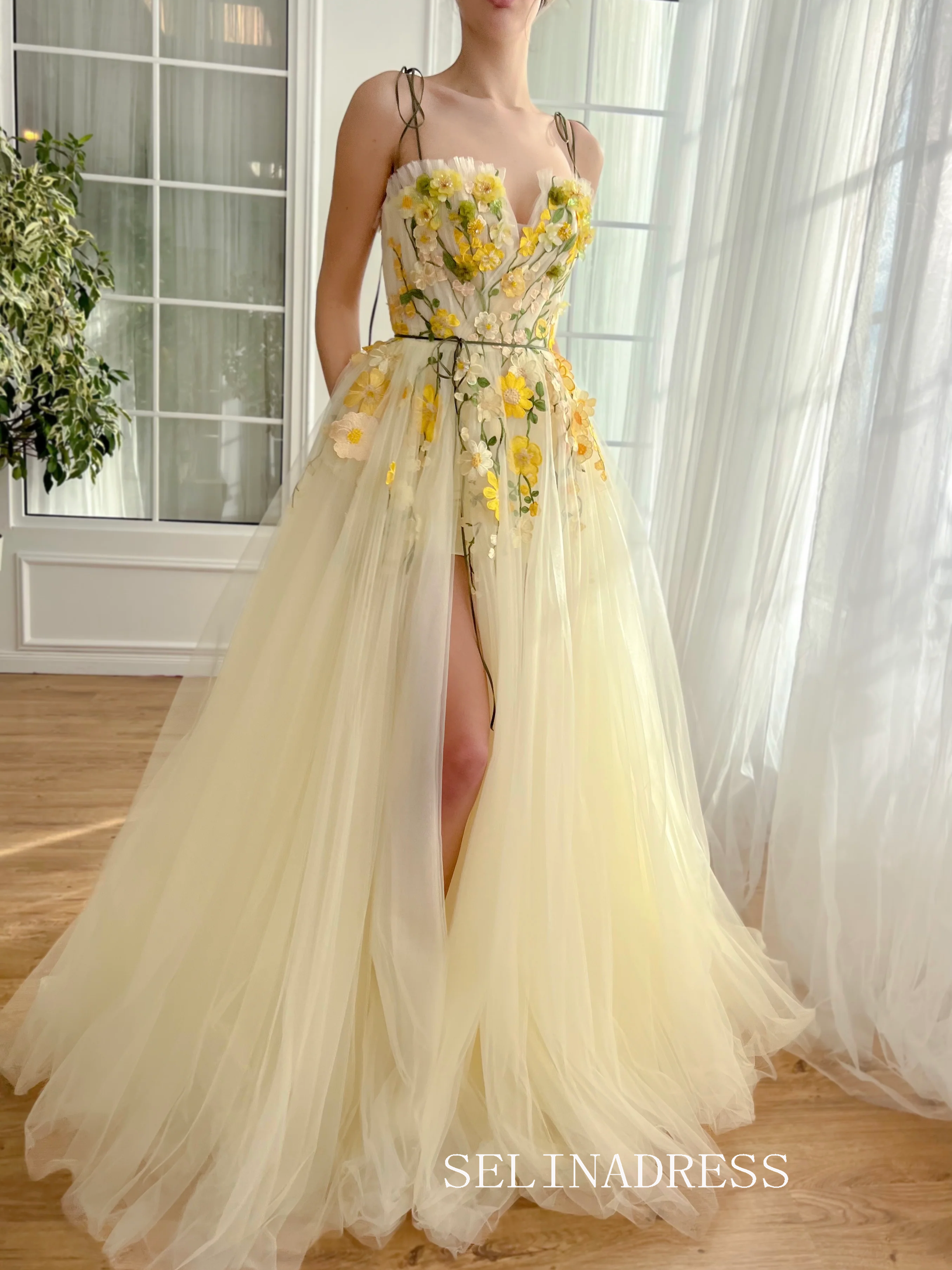 Yellow Spaghetti Straps Long Prom Dress 3D Flower Evening Dress With Slit EWR306|Selinadress