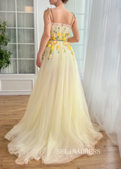 Yellow Spaghetti Straps Long Prom Dress 3D Flower Evening Dress With Slit EWR306|Selinadress