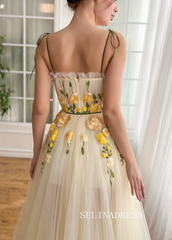 Yellow Spaghetti Straps Long Prom Dress 3D Flower Evening Dress With Slit EWR306|Selinadress