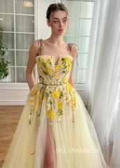 Yellow Spaghetti Straps Long Prom Dress 3D Flower Evening Dress With Slit EWR306|Selinadress