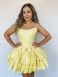 Yellow Strapless Short Homecoming Dresses With Bowknot Cute Hoco Dress #TKL1908|Selinadress