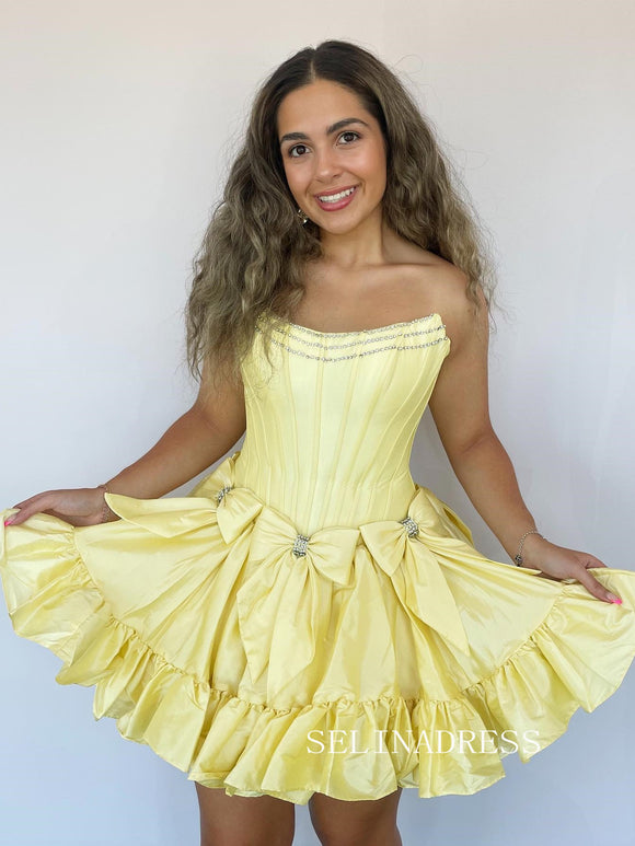 Yellow Strapless Short Homecoming Dresses With Bowknot Cute Hoco Dress #TKL1908|Selinadress