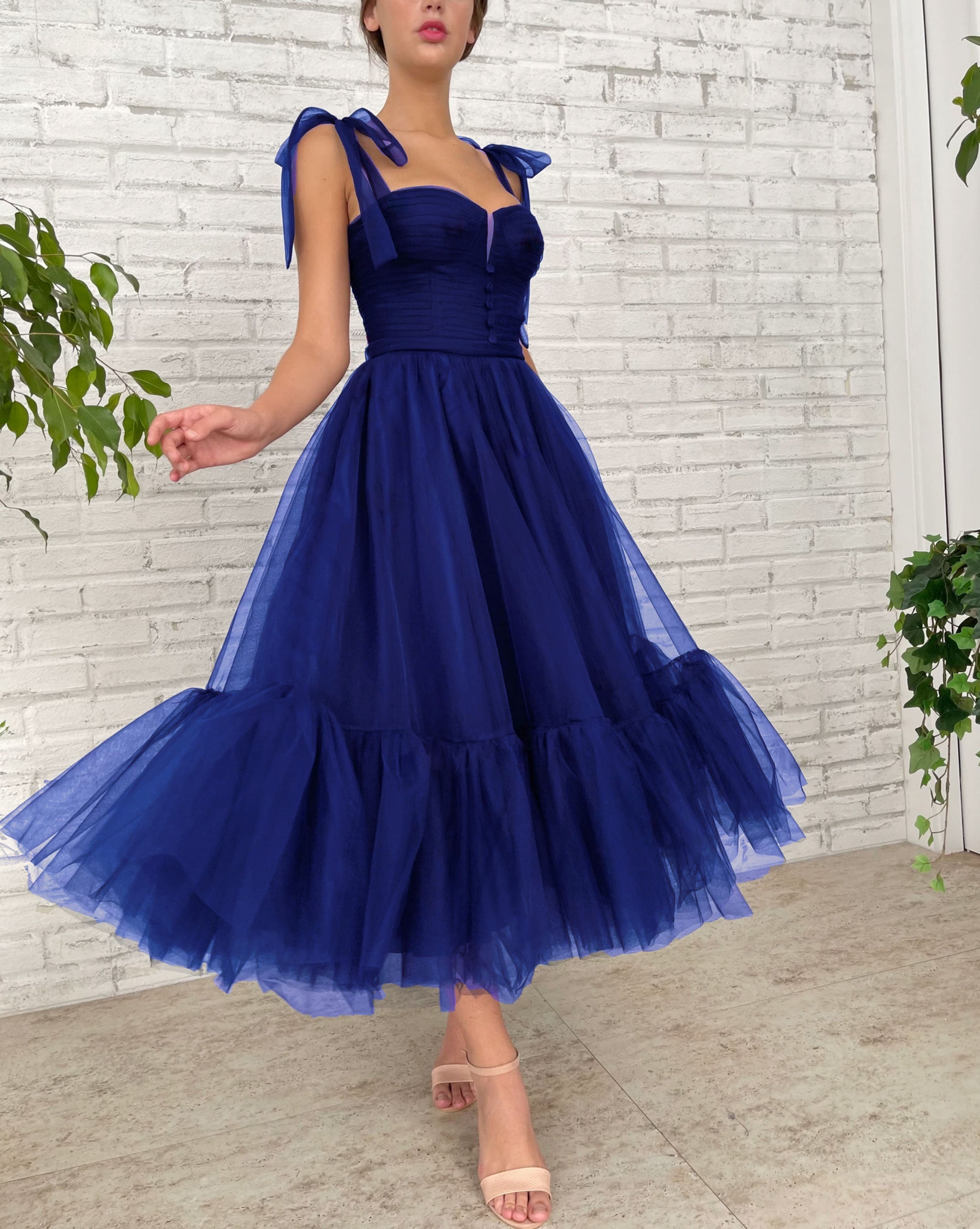 Simple dark blue tulle prom dress, blue tulle formal dress