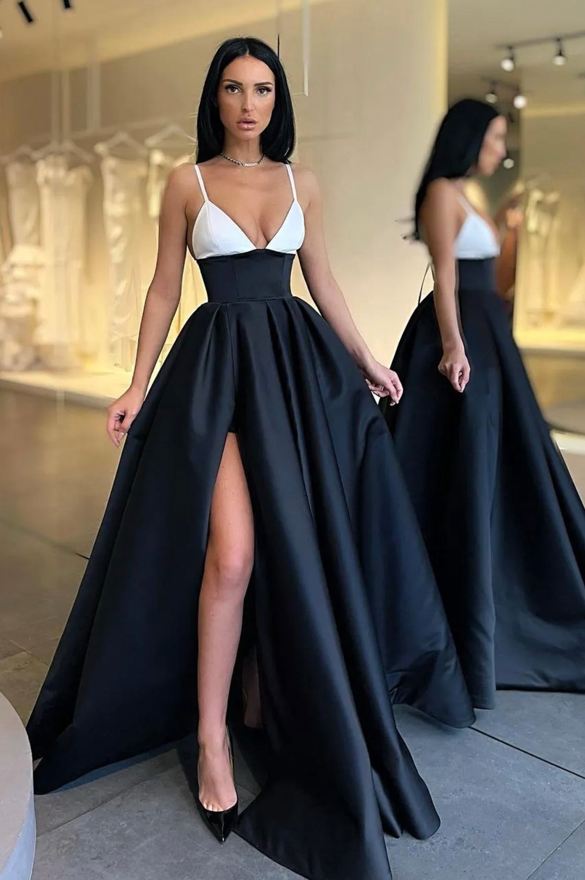 Balck satin long prom dress A line evening dress TR0718