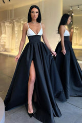 Balck satin long prom dress A line evening dress TR0718