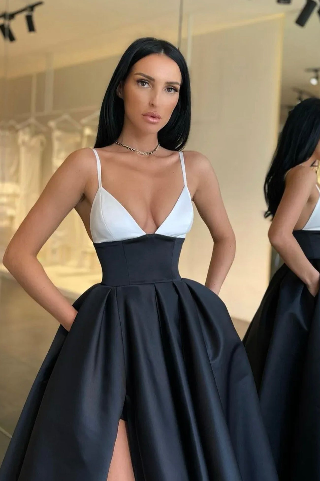 Balck satin long prom dress A line evening dress TR0718