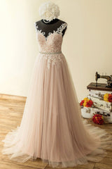 Elegant tulle lace long prom dress A line evening dress TR0725