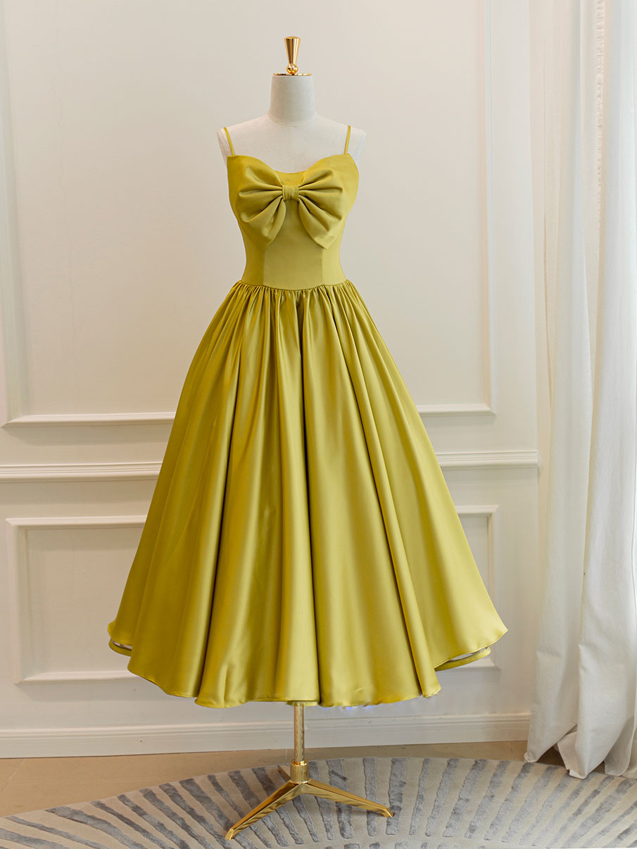 Simple yellow satin tea length prom dress, yellow homecoming dress