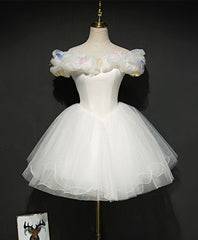 Cute white tulle short prom gown, white homecoming dress