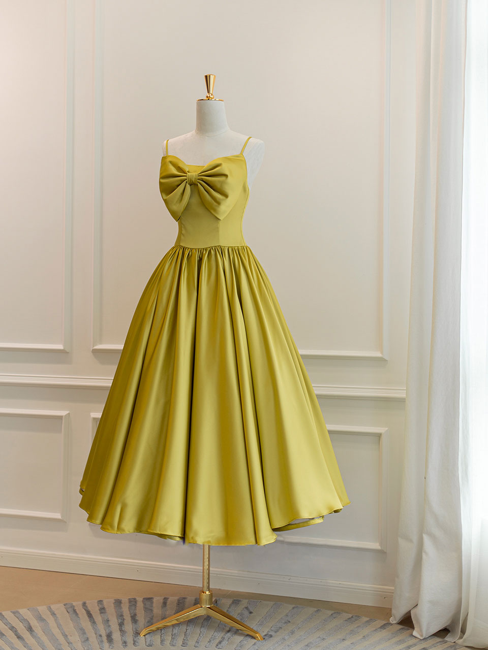 Simple yellow satin tea length prom dress, yellow homecoming dress