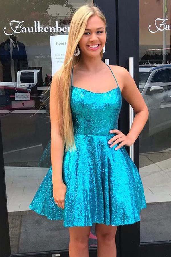 Criss Cross A-Line Short Prom Dress Blue Sequins Homecoming Dress  ANN5510