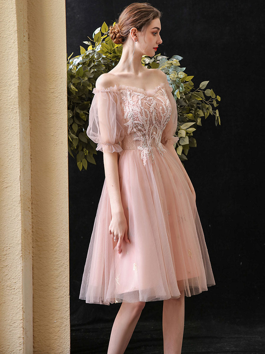 Pink sweetheart neck tulle lace short prom dress, pink lace homecoming dress