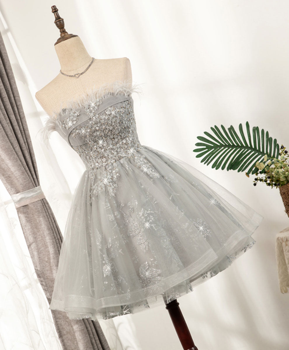 Gray sweetheart lace tulle short prom dress gray cocktail dress