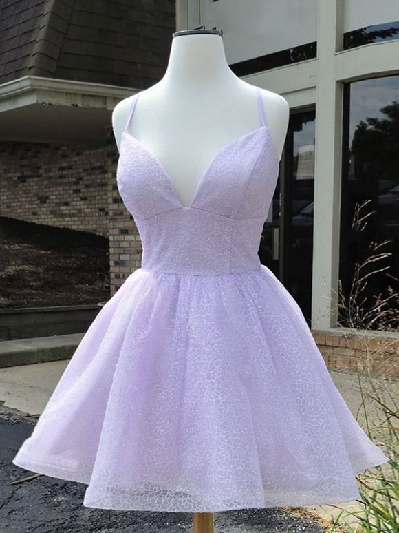 Simple purple v neck tulle short prom dress, purple homecoming dress