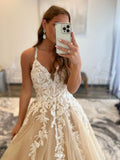 Champagne v neck tulle lace long prom dress champagne evening dress FD027