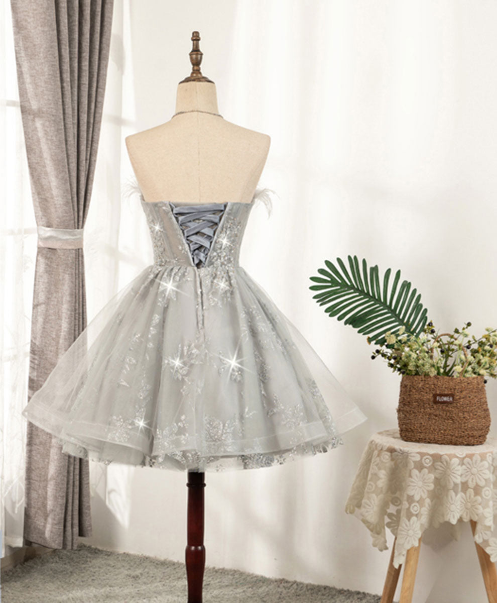 Gray sweetheart lace tulle short prom dress gray cocktail dress