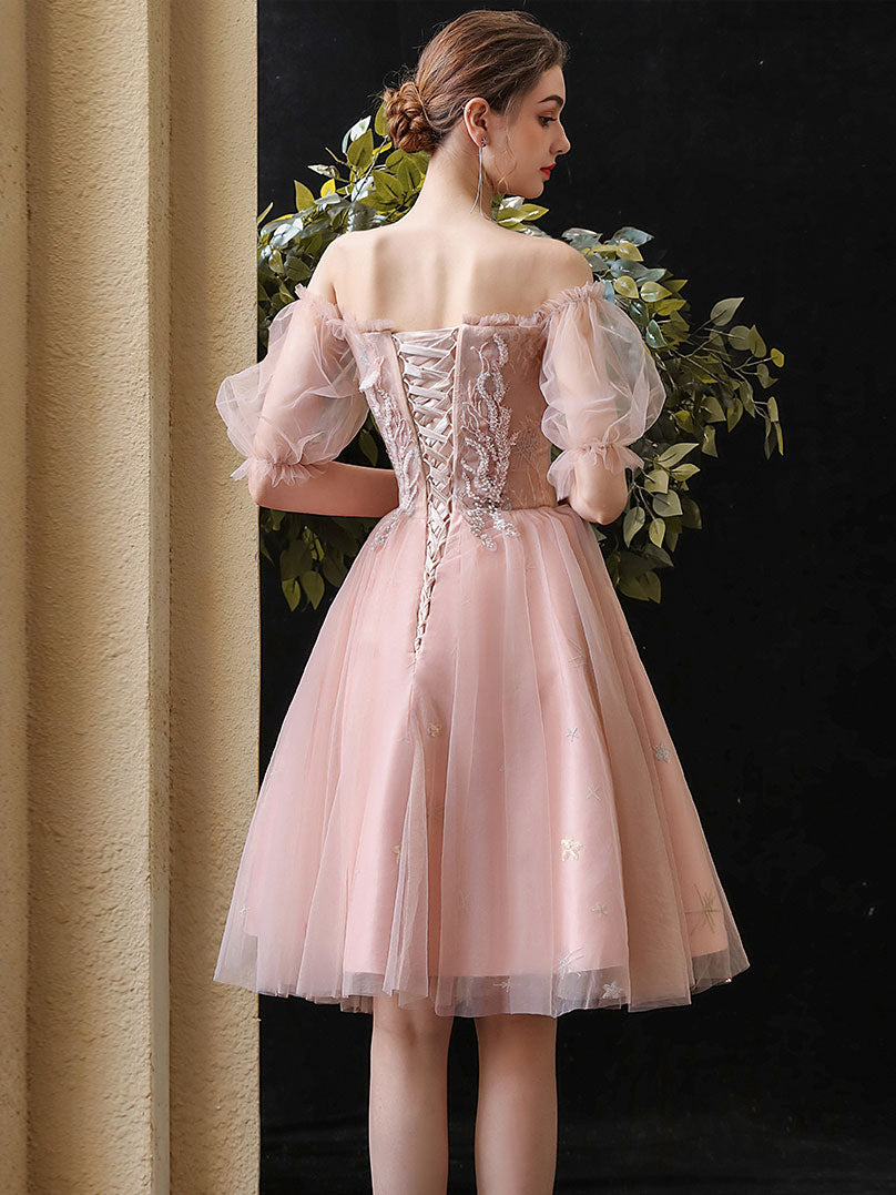 Pink sweetheart neck tulle lace short prom dress, pink lace homecoming dress