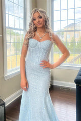 Light Blue Sequins Straps Mermaid Long Prom Dress