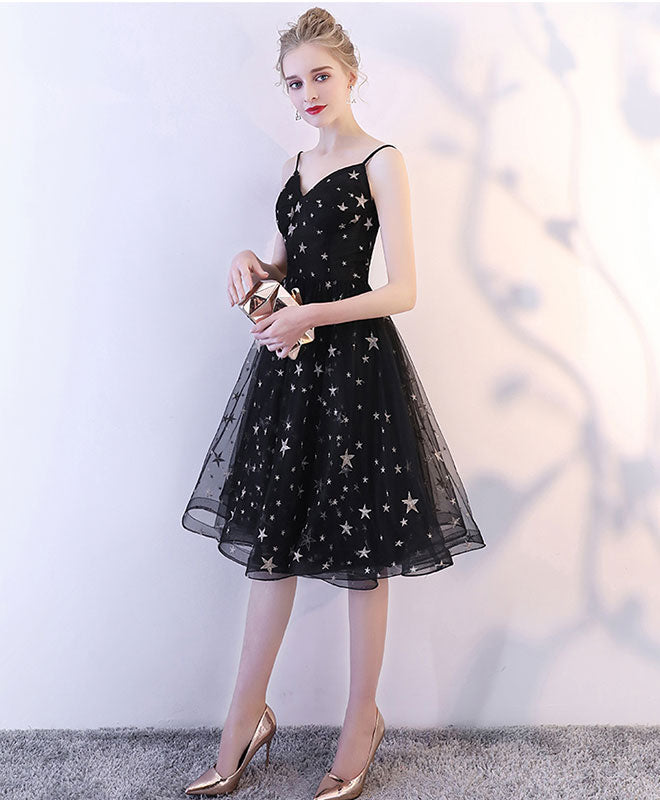 Black v neck tulle short prom dress, black homecoming dress