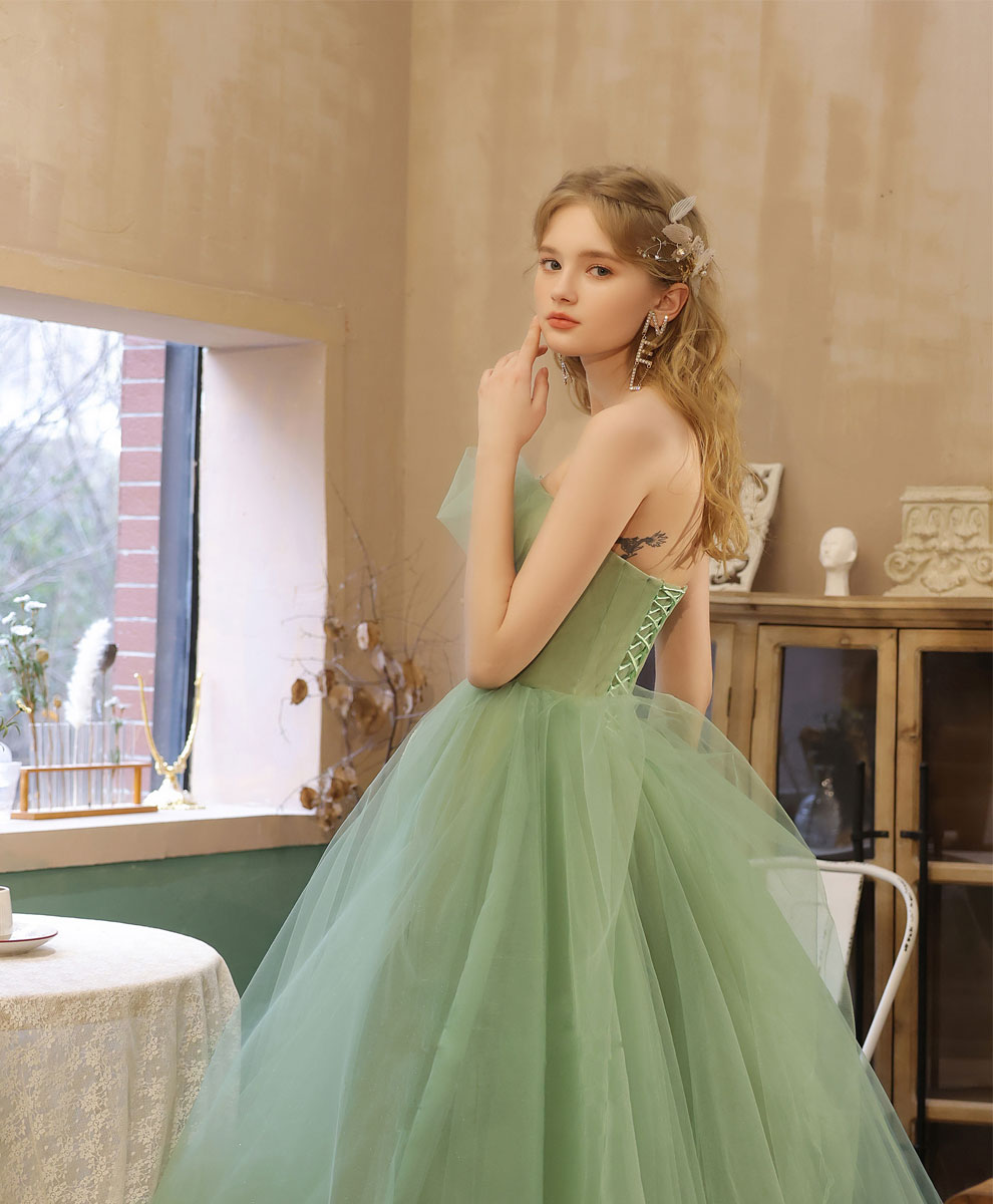 Green tulle lace tea length prom dress green tulle formal dress