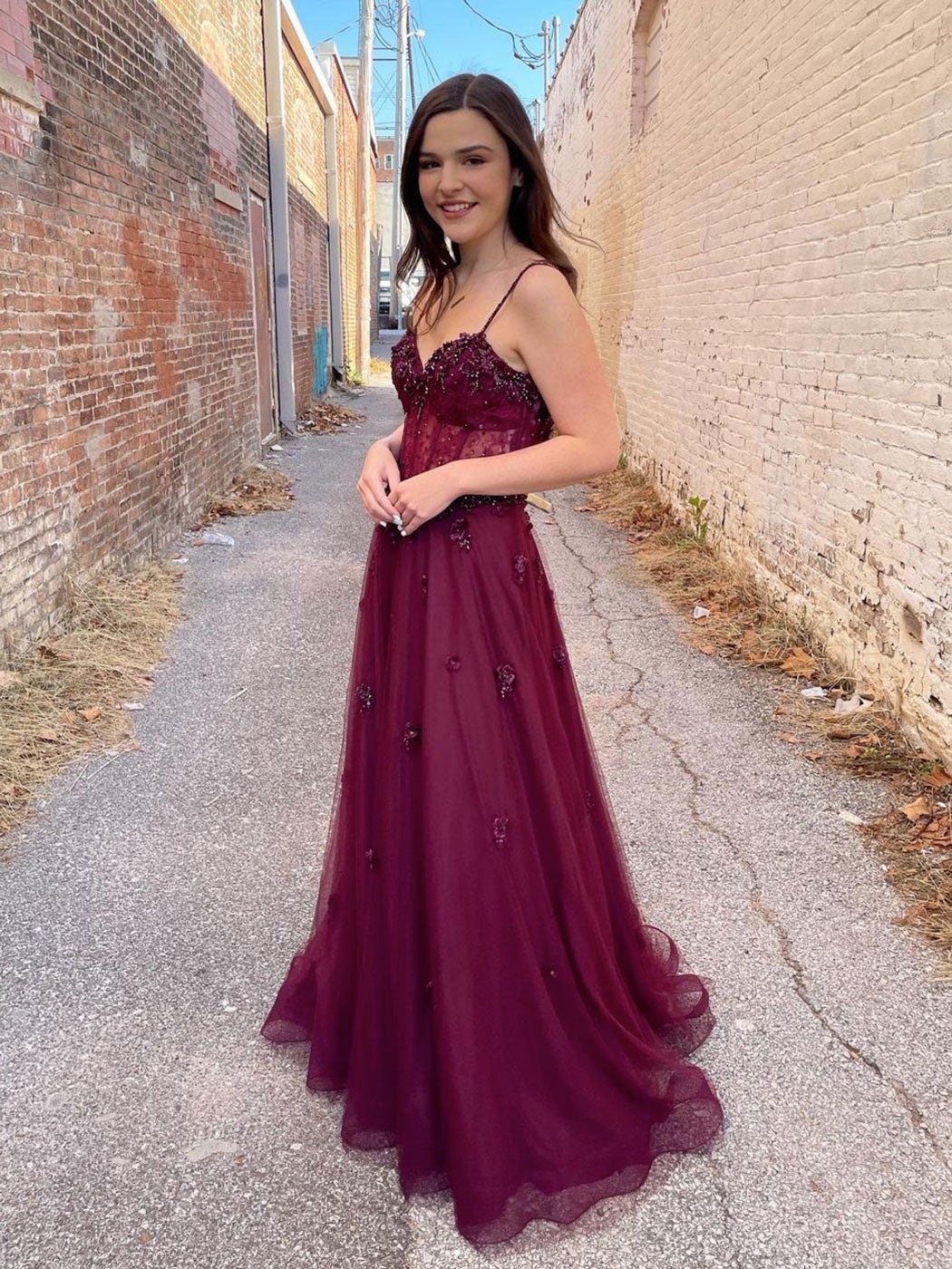 Burgundy tulle A line long prom dress, burgundy evening dress FD009