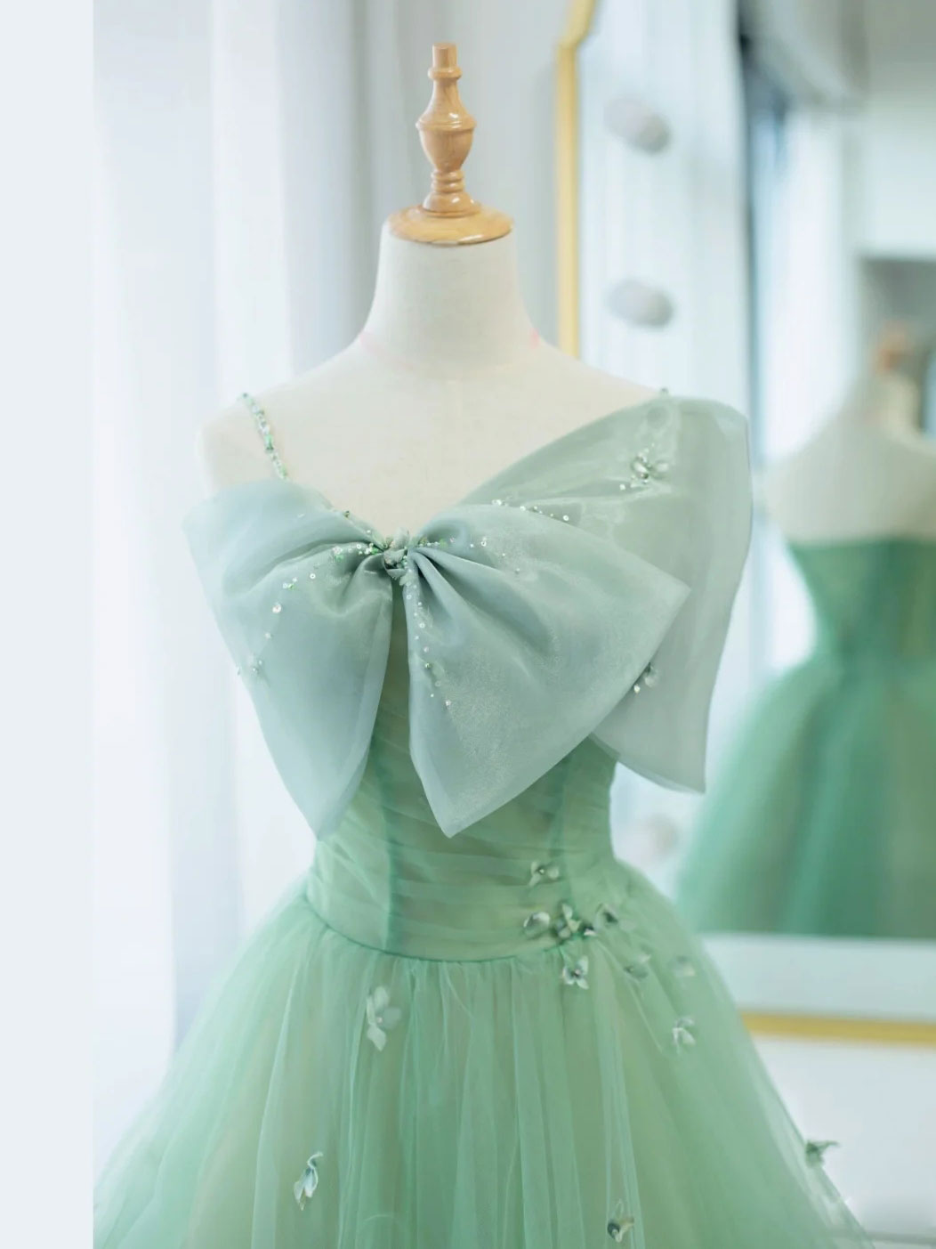 Simple Green tulle tea length prom dress, green tulle formal dress