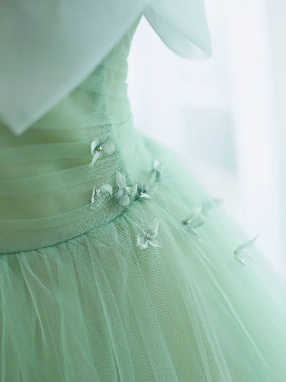 Simple Green tulle tea length prom dress, green tulle formal dress