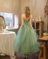 Green tulle lace tea length prom dress green tulle formal dress